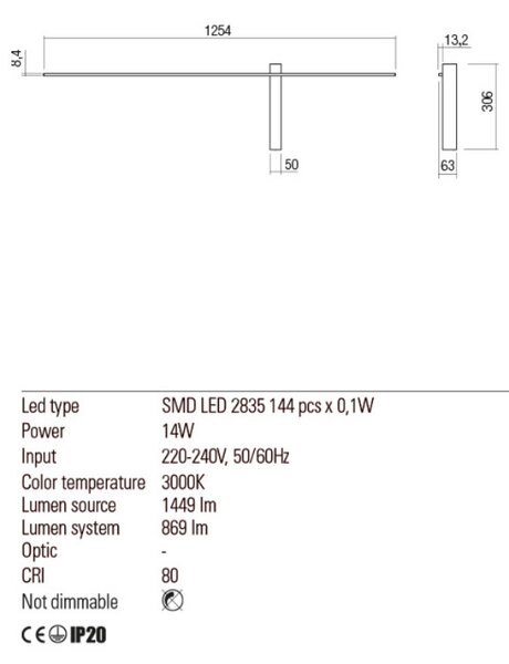 LED falilámpa, TANGENT, fehér, egyes, jobbos