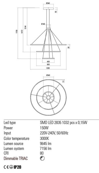 ORBIT LED csillár, bronz, opál, 40/80/120cm- TRIAC