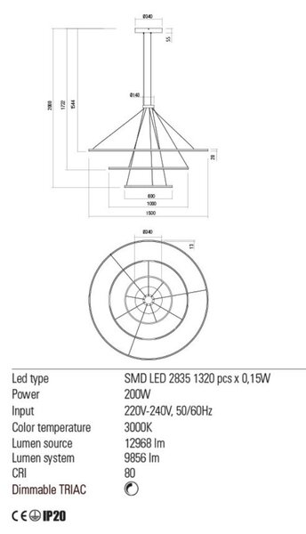ORBIT LED csillár, ?60+?100+?150cm, fehér, -TRIAC