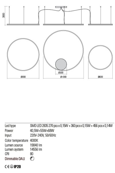 ORBIT LED csillár, fekete, 100-80-60 cm, DALI rendszerhez