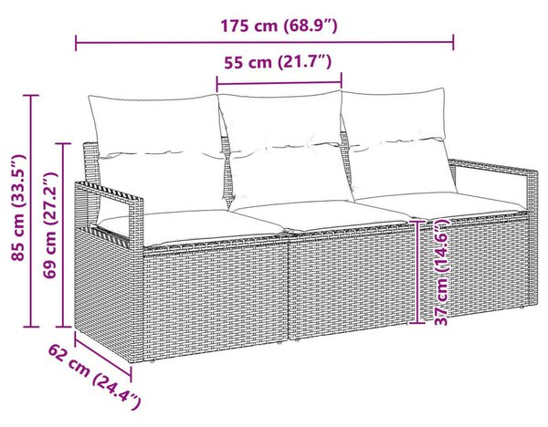 3 darabos kerti kanapé szett párnákkal Barna Poli Rattan, 2 személyes kerti kanapé párnákkal Barna Poli Rattan