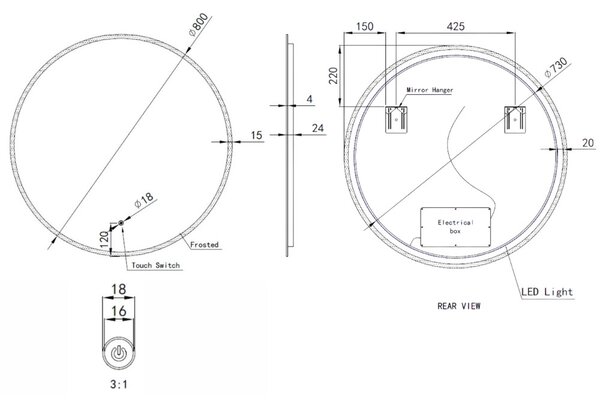 Ø80cm kerek fürdőszobai LED tükör | Fényerő + színhőfok állítás