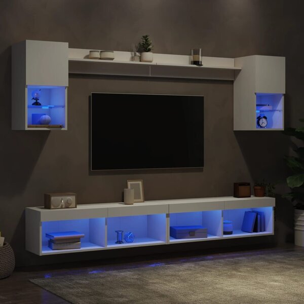 VidaXL 6 darab fehér szerelt fa fali TV-bútor LED-del