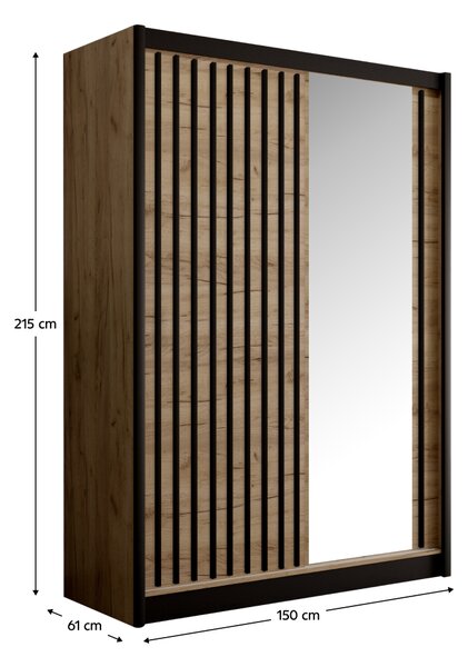 KONDELA Tolóajtós szekrény, craft tölgy/fekete, 150x215 cm, LADDER
