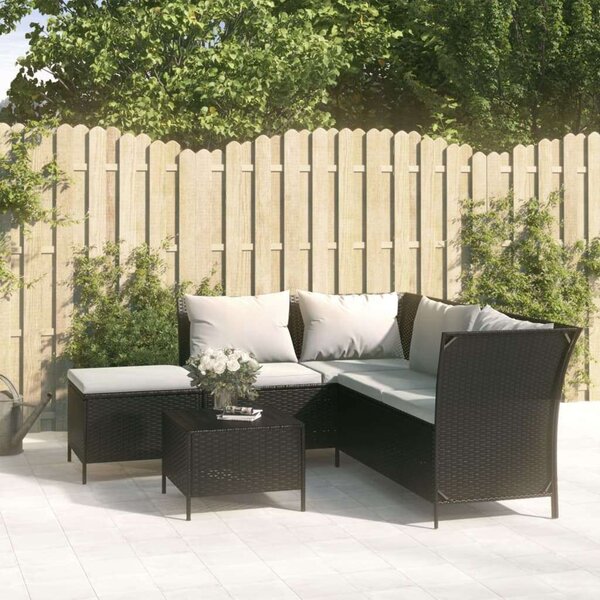 4 Részes Polyrattan Kerti Ülőgarnitúra - Fekete, Párnákkal