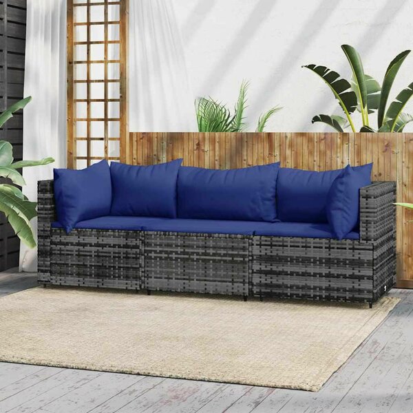 VidaXL 3 részes szürke polyrattan kerti ülőgarnitúra párnákkal