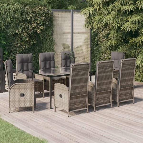 VidaXL 9 részes fekete és szürke polyrattan kerti étkezőszett párnával