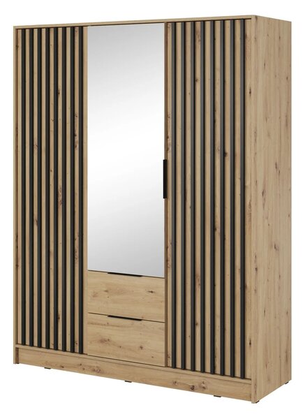 Háromajtós szekrény tükörrel MARFA - szélesség 155 cm, artisan tölgy / fekete