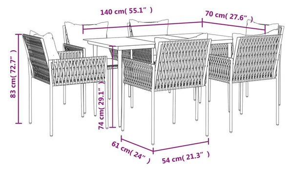 VidaXL 7-részes polyrattan és acél kerti étkezőgarnitúra párnával