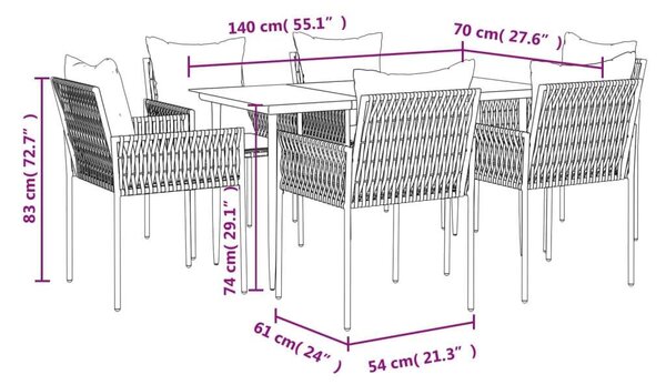 VidaXL 7-részes polyrattan és acél kerti étkezőgarnitúra párnával