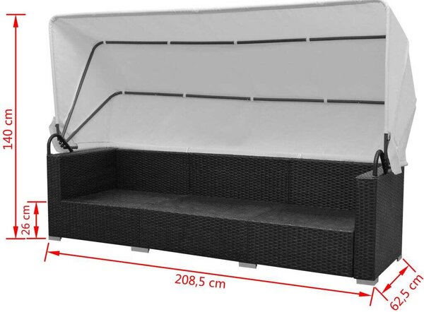 7 darabos fekete polyrattan kerti bútorszett napellenzővel