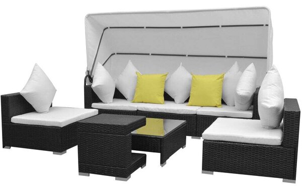 7 darabos fekete polyrattan kerti bútorszett napellenzővel