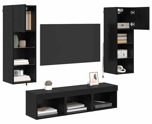 VidaXL TV Fali Egységek LED -es lámpákkal 5 pcs Fekete tölgy Faanyag