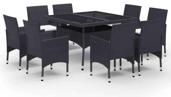 9 részes fekete polyrattan és üveg kerti étkezőgarnitúra