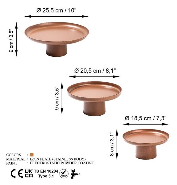 Tálca lábbal, 3 darabos szett, fém, rézbarna - MARTINI