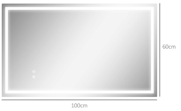 HOMCOM Állítható, 3 színű LED világítással és ütésálló réteggel ellátott fürdőszobai tükör, Edzett üveg és fém, 100x3x60 cm