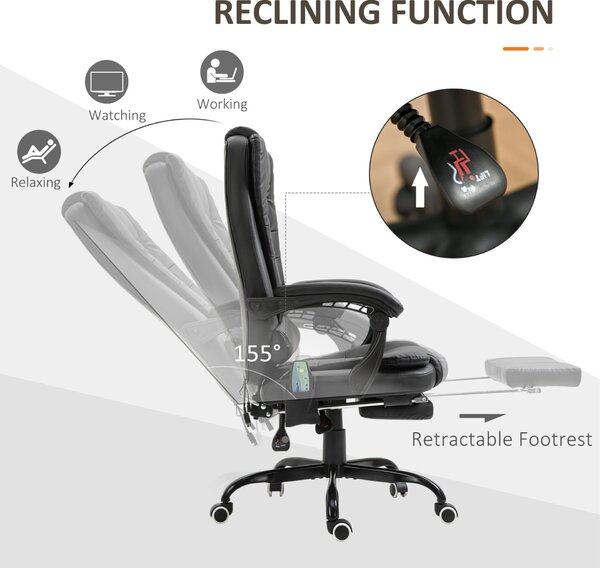 Vinsetto Irodai szék masszázzsal 7 vibrációs pont ergonomikus, lábtartó, dönthető háttámla fekete