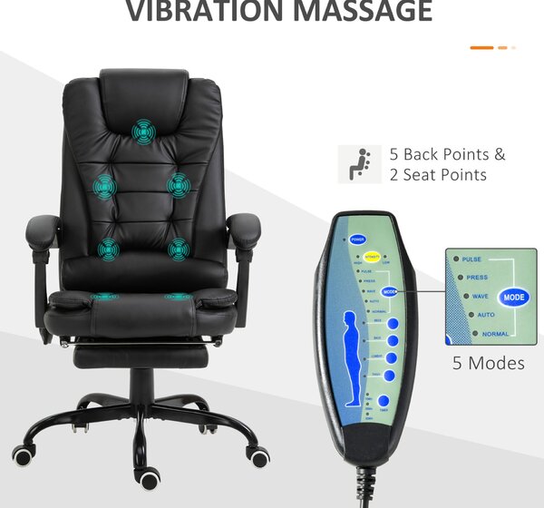 Vinsetto Irodai szék masszázzsal 7 vibrációs pont ergonomikus, lábtartó, dönthető háttámla fekete