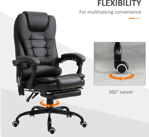 Vinsetto Irodai szék masszázzsal 7 vibrációs pont ergonomikus, lábtartó, dönthető háttámla fekete