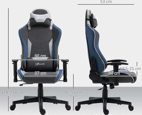 Vinsetto ergonomikus gamer szék állítható karfákkal, fejtámlával és magassággal, 66x53x128-138 cm, kék