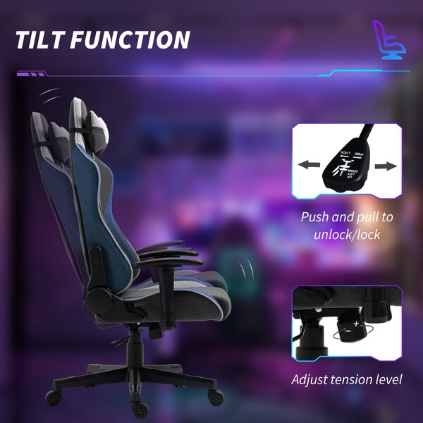 Vinsetto ergonomikus gamer szék állítható karfákkal, fejtámlával és magassággal, 66x53x128-138 cm, kék
