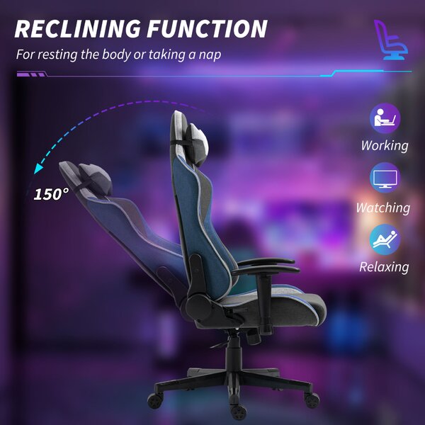 Vinsetto ergonomikus gamer szék állítható karfákkal, fejtámlával és magassággal, 66x53x128-138 cm, kék