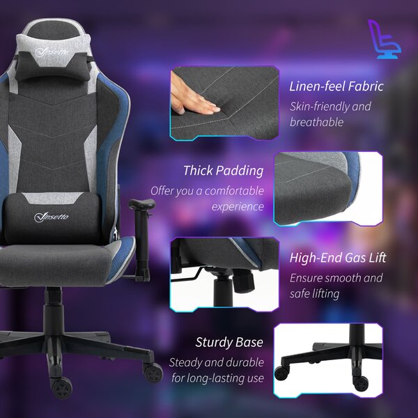 Vinsetto ergonomikus gamer szék állítható karfákkal, fejtámlával és magassággal, 66x53x128-138 cm, kék