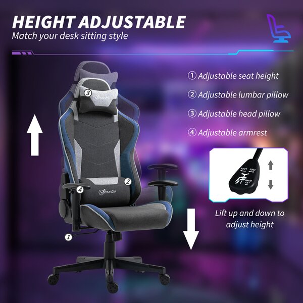 Vinsetto ergonomikus gamer szék állítható karfákkal, fejtámlával és magassággal, 66x53x128-138 cm, kék