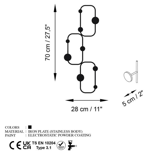 Fali fogas 70cm, fém, fekete - LABYRINTHE