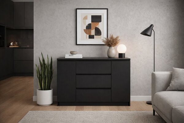SIMPLE komód 120 cm, 2 ajtóval és 3 fiókkal, fekete