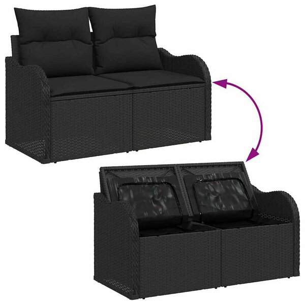 VidaXL Kerti Kanapé Szett 7 pcs Fekete Poli rattan és acél és üveg
