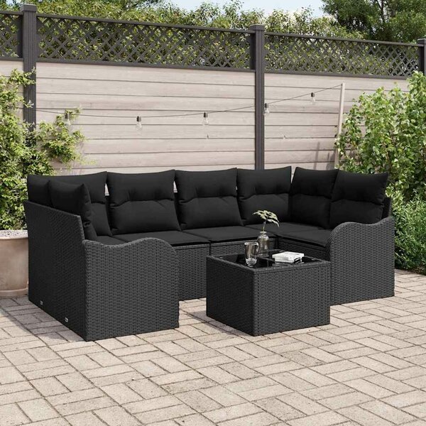 VidaXL Kerti Kanapé Szett 7 pcs Fekete Poli rattan és acél és üveg