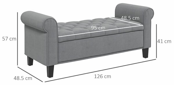 HOMCOM Hálószobai Pad Tárolóval és Feltekerhető Karfákkal, 126x48,5x57 cm, Hálószobába, Szürke
