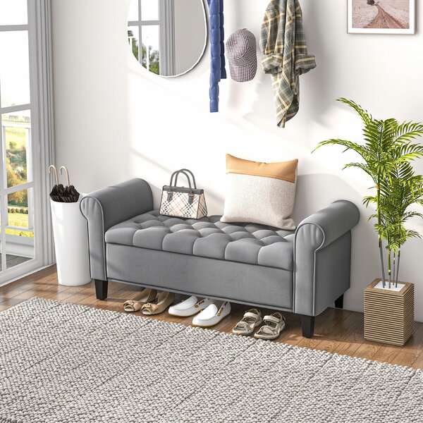 HOMCOM Hálószobai Pad Tárolóval és Feltekerhető Karfákkal, 126x48,5x57 cm, Hálószobába, Szürke