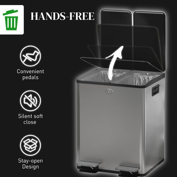 HOMCOM 20L-es 2 rekeszes szemetes pedállal, Szemetes 2 csendes fedéllel, 45,8x36x51,6 cm, Ezüst