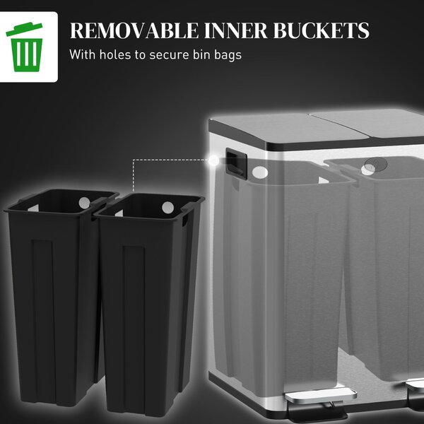 HOMCOM 20L-es 2 rekeszes szemetes pedállal, Szemetes 2 csendes fedéllel, 45,8x36x51,6 cm, Ezüst