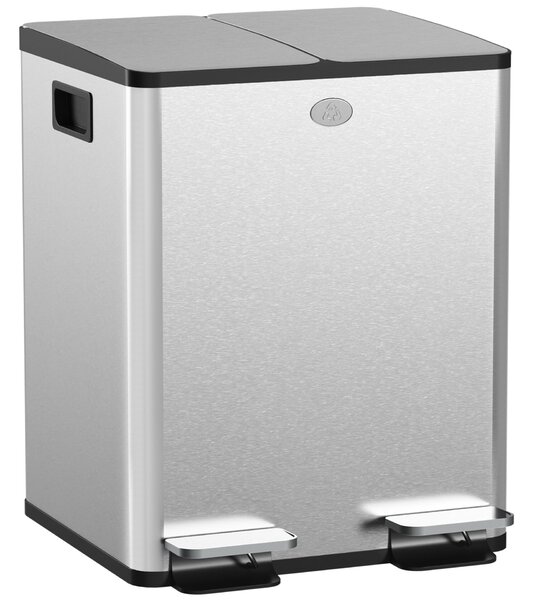 HOMCOM 20L-es 2 rekeszes szemetes pedállal, Szemetes 2 csendes fedéllel, 45,8x36x51,6 cm, Ezüst