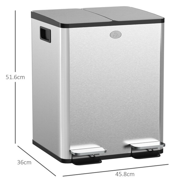 HOMCOM 20L-es 2 rekeszes szemetes pedállal, Szemetes 2 csendes fedéllel, 45,8x36x51,6 cm, Ezüst