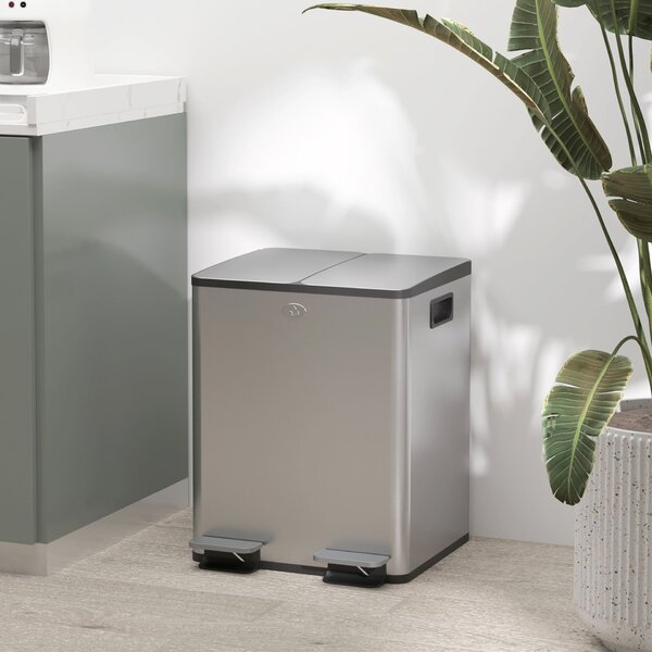 HOMCOM 20L-es 2 rekeszes szemetes pedállal, Szemetes 2 csendes fedéllel, 45,8x36x51,6 cm, Ezüst