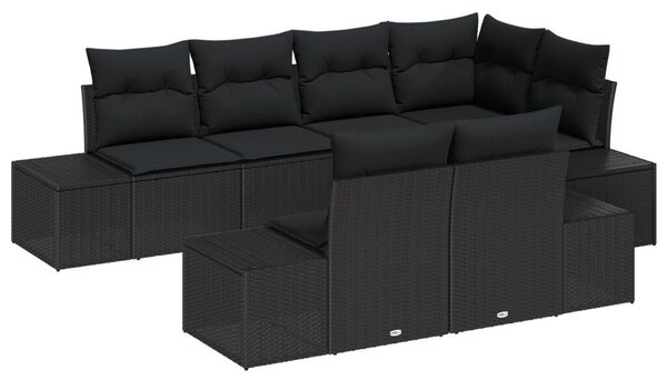 7 Darabos Kert Sofa Készlet Párnákkal Fekete Polirattan