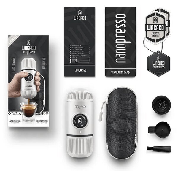 Wacaco Nanopresso hordozható kávéfőző őrölt kávéhoz, Hidegfehér + kemény védőtok