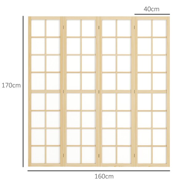 HOMCOM belső paraván 4 összecsukható panellel, fából és textilből, 160x170 cm, fa és fehér színben