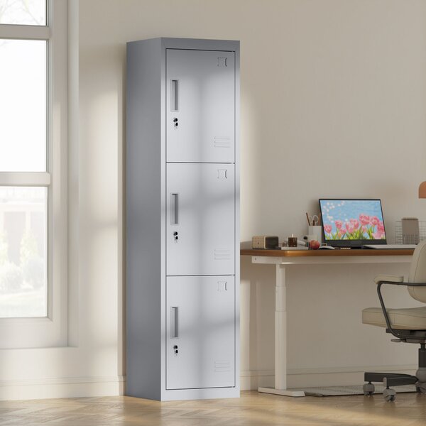 HOMCOM Acél Irodai Szekrény 3 Független Ajtóval, Zárral és 2 Kulccsal, 45x38x180 cm, Világosszürke