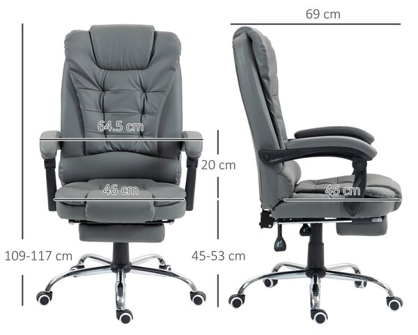 HOMCOM Forgószék Állítható Magas Háttámlával és Lábtartóval, 64,5x69x109-117 cm, Szürke