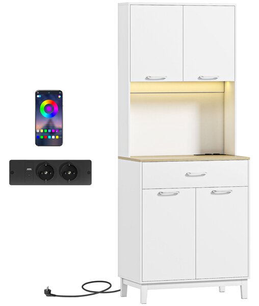 HOMCOM Konyhai tálalószekrény, Kamraszekrény LED világítással és USB töltőállomással, Konyhaszekrény 2 szekrénnyel, Fiókos, Állítható polcok, Étkezőbe, Nappaliba, 71x40x180 cm, Fehér