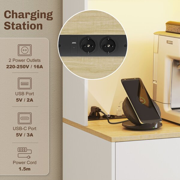 HOMCOM Konyhai tálalószekrény, Kamraszekrény LED világítással és USB töltőállomással, Konyhaszekrény 2 szekrénnyel, Fiókos, Állítható polcok, Étkezőbe, Nappaliba, 71x40x180 cm, Fehér