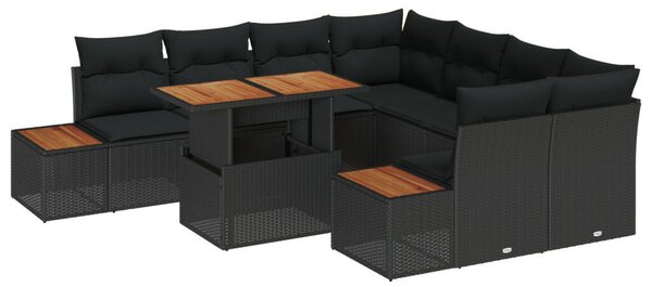 9 darabos kert kanapé szett párnákkal Fekete Poly Rattan
