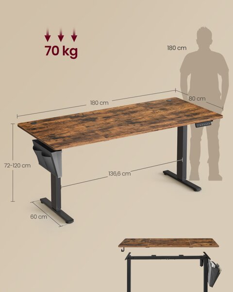 SONGMICS elektromosan állítható magasságú íróasztal 180 x 80 cm vintage barna memóriafunkcióval