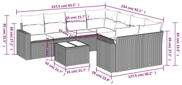 VidaXL Polyrattan Kerti Ülőgarnitúra - 9 részes - Szürke