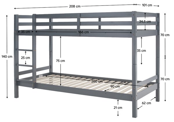 Emeletes ágy, 90x200, tömör fa, szürke, INEZA